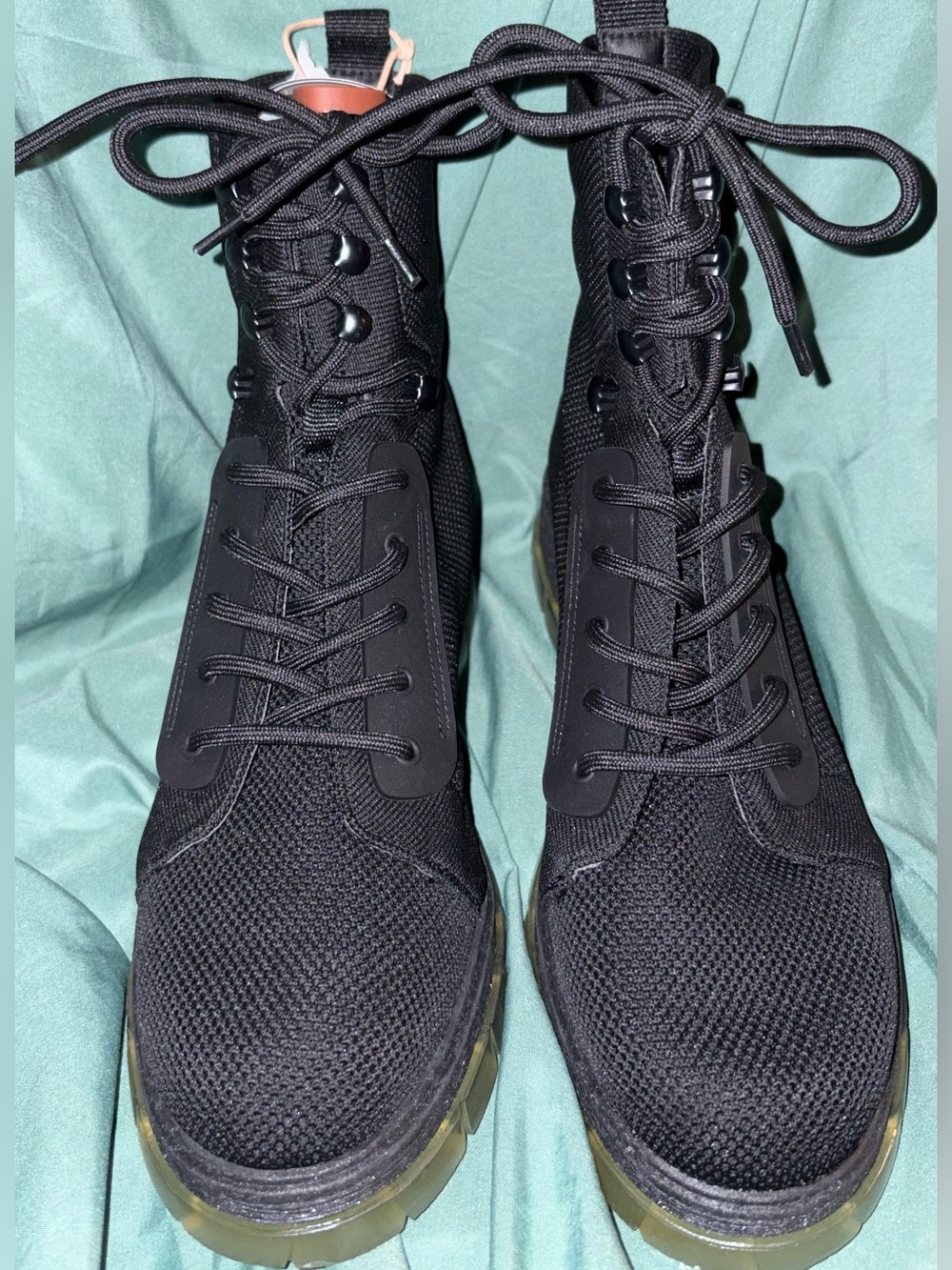 NWT MIA Black Knit Lace-Up Combat Boots with Olive Sole
